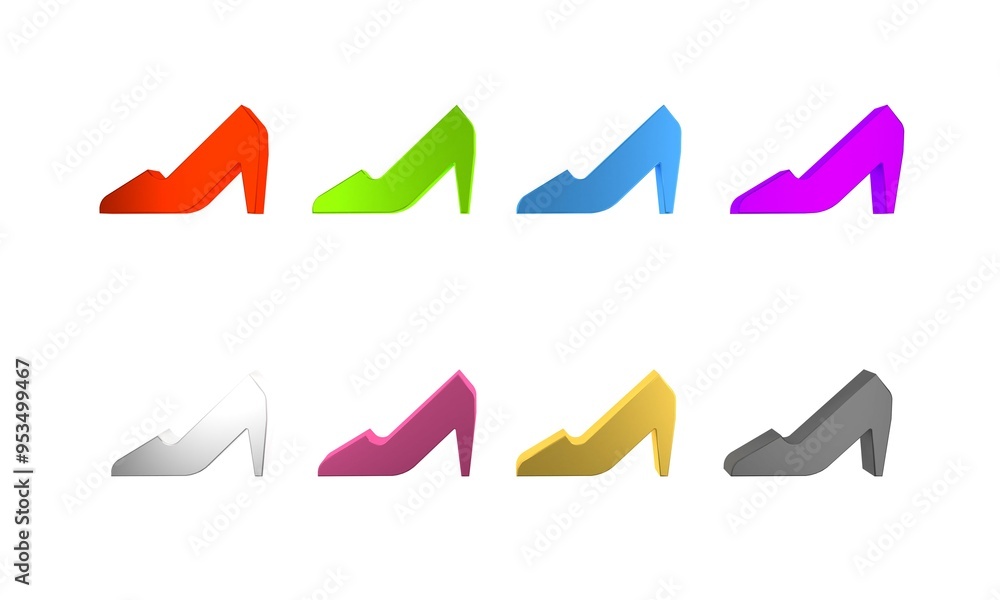 Sticker Colorful Woman shoe with high heel icon isolated on white background. 8 March. International Happy Women Day. Minimalism concept. 3D render illustration