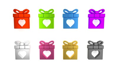 Colorful Gift box and heart icon isolated on white background. 8 March. International Happy Women Day. Minimalism concept. 3D render illustration