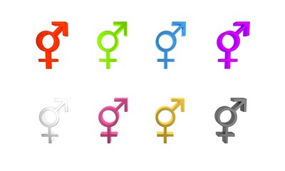 Colorful Gender icon isolated on white background. Symbols of men and women. Sex symbol. Minimalism concept. 3D render illustration