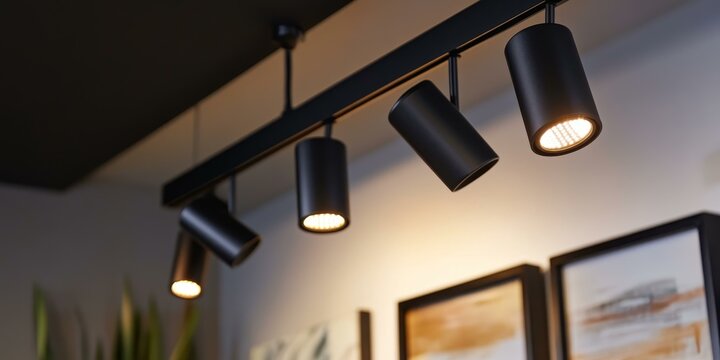 Black track lighting illuminates artwork on wall.