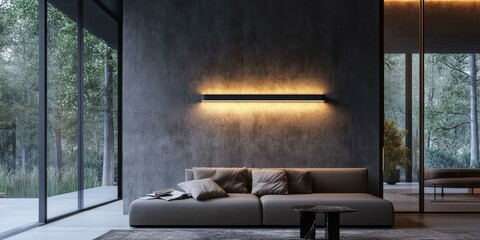 Modern living room with couch, window, and light fixture.