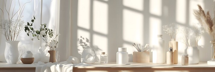 A minimalist styled windowsill with white and beige decor, featuring vases with dried flowers, and bottles. Sunlight casts shadows on the wall.