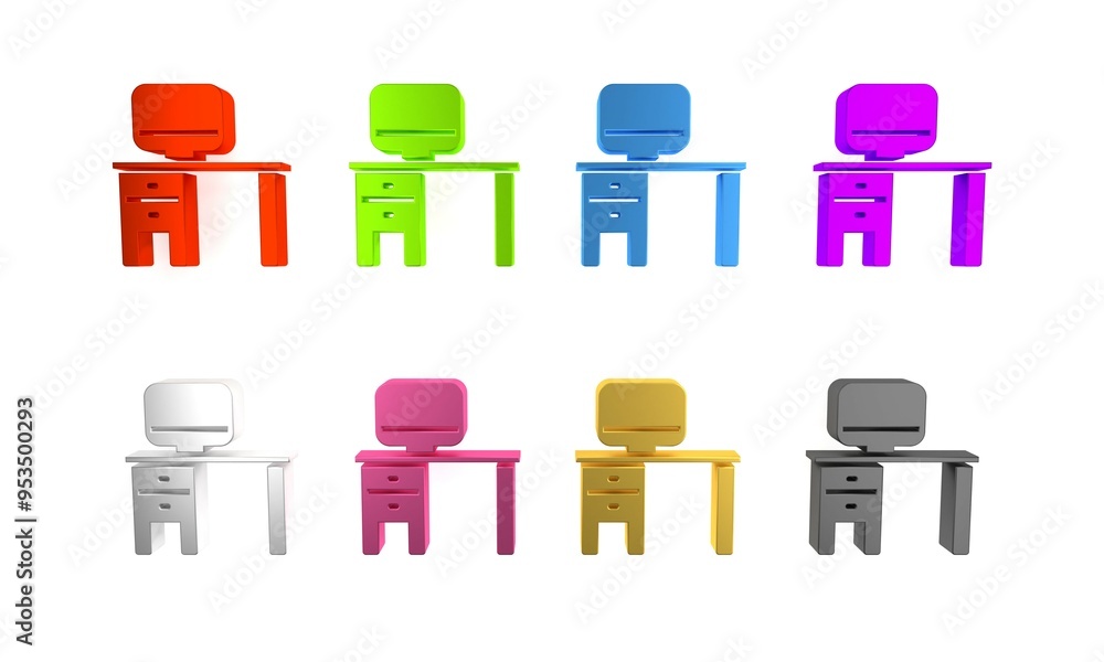 Poster colorful computer monitor and desk icon isolated on white background. pc component sign. minimalism 