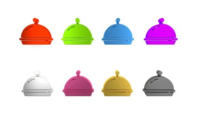 Colorful Covered with a tray of food icon isolated on white background. Tray and lid. Restaurant cloche with lid. Kitchenware symbol. Minimalism concept. 3D render illustration