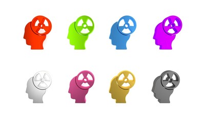 Colorful Silhouette of a human head and a radiation symbol icon isolated on white background. Minimalism concept. 3D render illustration