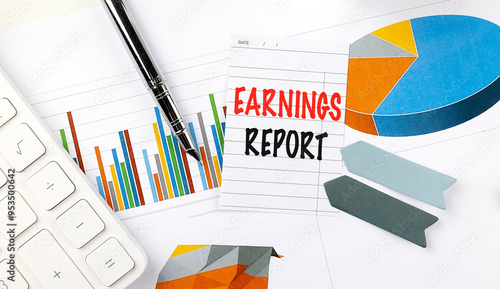 Poster earnings report text on note paper on chart background