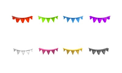 Colorful Carnival garland with flags icon isolated on white background. Party pennants for birthday celebration, festival decoration. Minimalism concept. 3D render illustration