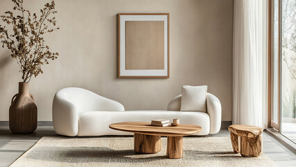 Interior design of modern living room with accent white armchair and frame on wall,White sofa and accent coffee table against arch wall,japandi interior design of modern living room, Minimalist, Ai