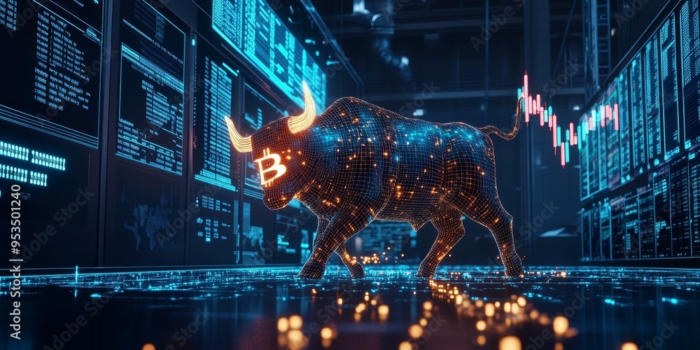 Poster digital bitcoin bull walks through glowing data.