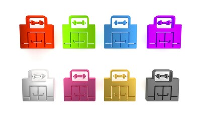 Colorful Gym building icon isolated on white background. Sport club. Minimalism concept. 3D render illustration