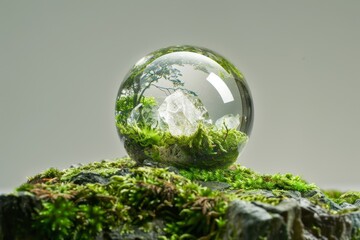 Clear glass ball sits atop a lush green plant, surrounded by lush green leaves