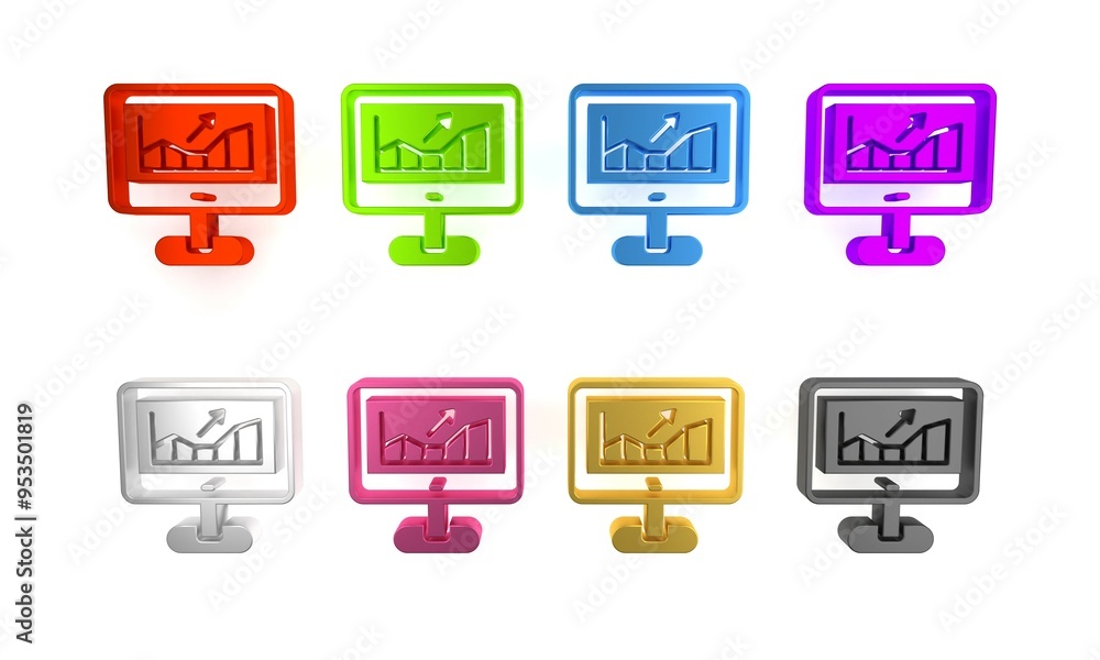 Poster colorful computer with stocks market growth graphs and money icon isolated on white background. moni