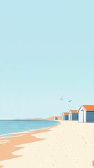 Obraz premium Serene Beachscape: Minimalist Illustration of White Cabins with Orange Roofs Against a Clear Blue Sky