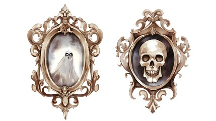Watercolor Gothic Mirror Clip Art with Skull and Ghost in Frame, Cartoon Style with Soft Muted Colors, Isolated on White Background, Hyper-Realistic Depiction for Halloween Themes