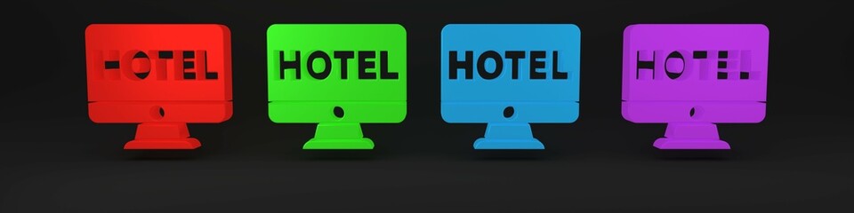 Colorful Online hotel booking icon isolated on black background. Online booking design concept for computer monitor. Minimalism concept. 3D render illustration