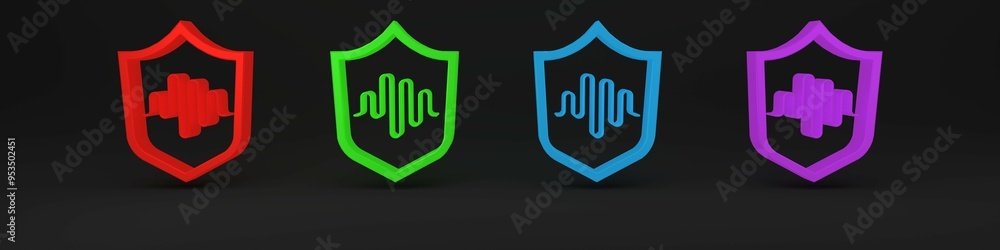 Poster colorful shield voice recognition icon isolated on black background. voice biometric access authenti