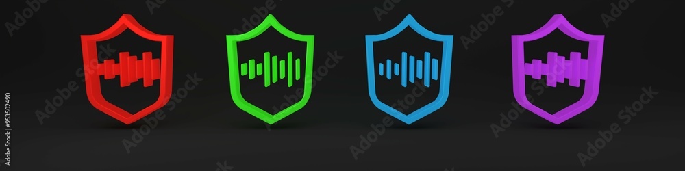 Poster colorful shield voice recognition icon isolated on black background. voice biometric access authenti