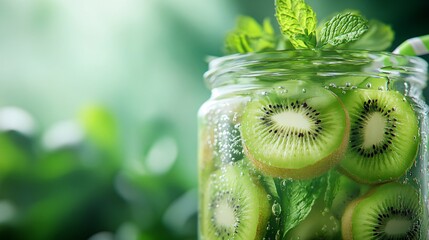 kiwi slices in a jar filled with water with mint leaves