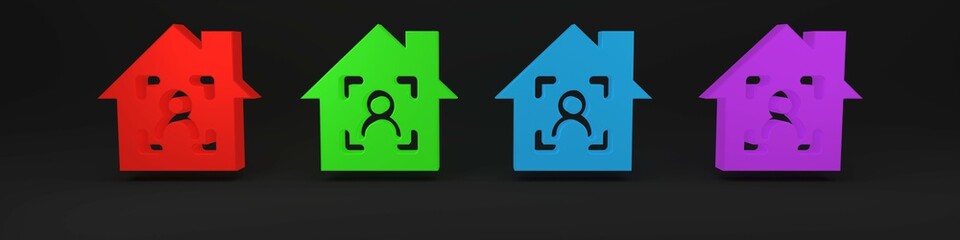 Colorful Smart home with face recognition icon isolated on black background. Face identification scanner icon. Facial id. Cyber security concept. Minimalism concept. 3D render illustration