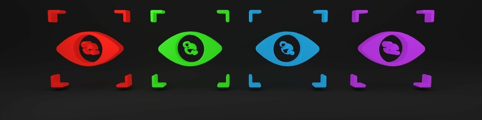 Colorful Eye scan icon isolated on black background. Scanning eye. Security check symbol. Cyber eye sign. Minimalism concept. 3D render illustration