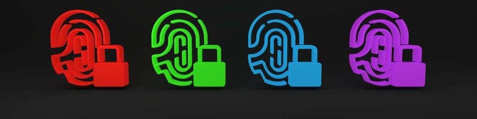 Colorful Fingerprint with lock icon isolated on black background. ID app icon. Identification sign. Touch id. Minimalism concept. 3D render illustration