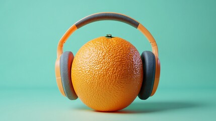 orange fruit using headphones on pastel green background.