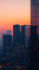 City Lights Embrace the Dawn: A Symphony of Glass and Steel Under a Pink Sky