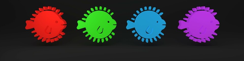 Colorful Puffer fish icon isolated on black background. Fugu fish japanese puffer fish. Minimalism concept. 3D render illustration