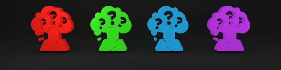 Colorful Human head with question mark icon isolated on black background. Minimalism concept. 3D render illustration