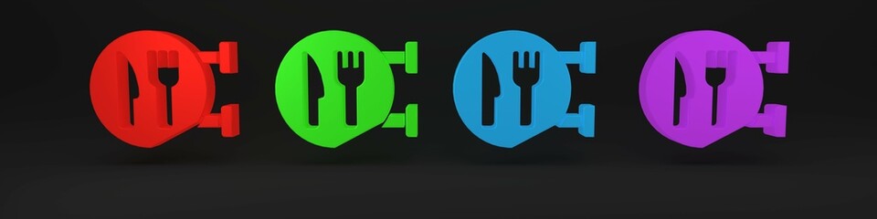 Colorful Cafe and restaurant location icon isolated on black background. Fork and spoon eatery sign inside pinpoint. Minimalism concept. 3D render illustration.