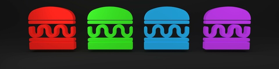Colorful Burger icon isolated on black background. Hamburger icon. Cheeseburger sandwich sign. Fast food menu. Minimalism concept. 3D render illustration