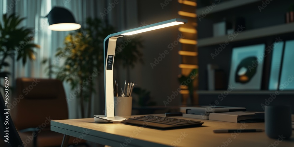 Poster modern desk with a lit lamp and keyboard.