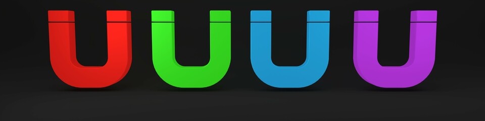 Colorful Magnet icon isolated on black background. Horseshoe magnet, magnetism, magnetize, attraction. Minimalism concept. 3D render illustration