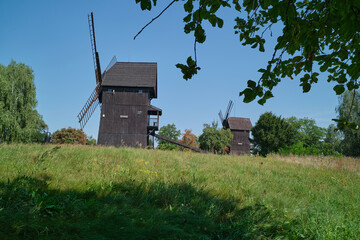 Old wooden windmill for milling grain, situated in Smigiel, called ‘town of windmills’, Greater Poland, Poland