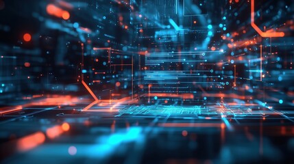 Futuristic technology background with glowing digital elements and circuit board in blue and orange tones, showcasing a high-tech scene. This 3D rendering represents a digital concept of big data visu
