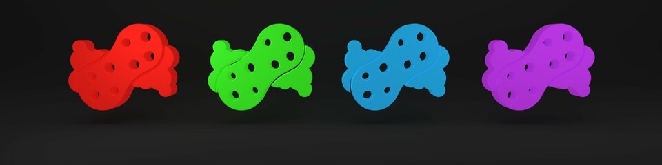Colorful Sponge with bubbles icon isolated on black background. Wisp of bast for washing dishes. Cleaning service logo. Minimalism concept. 3D render illustration