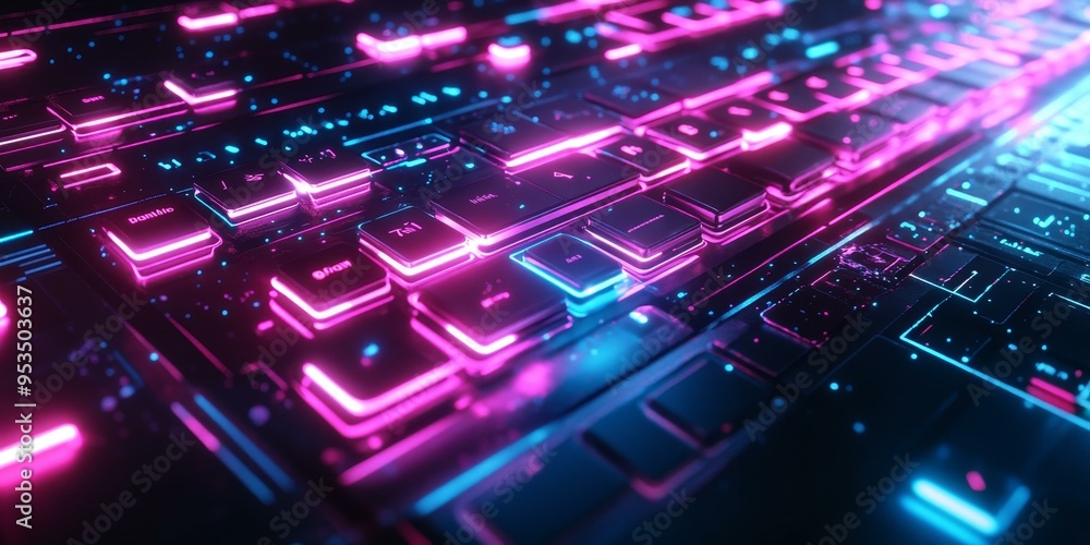 Poster neon-lit keyboard keys with glowing edges.
