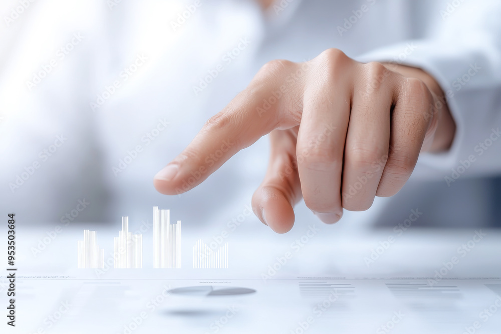 Poster a business professional analyzing data with a focus on growth represented by rising graphs and stati