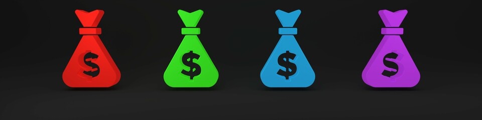 Colorful Money bag icon isolated on black background. Dollar or USD symbol. Cash Banking currency sign. Minimalism concept. 3D render illustration