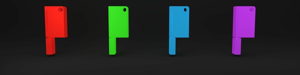 Colorful Meat chopper icon isolated on black background. Kitchen knife for meat. Butcher knife. Happy Halloween party. Minimalism concept. 3D render illustration