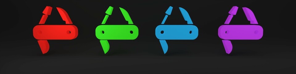 Colorful Swiss army knife icon isolated on black background. Multi-tool, multipurpose penknife. Multifunctional tool. Minimalism concept. 3D render illustration