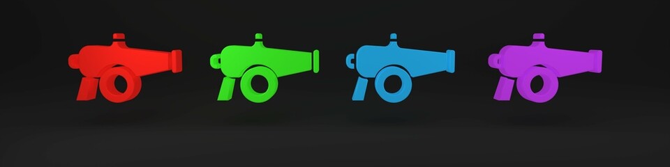 Colorful Cannon icon isolated on black background. Minimalism concept. 3D render illustration
