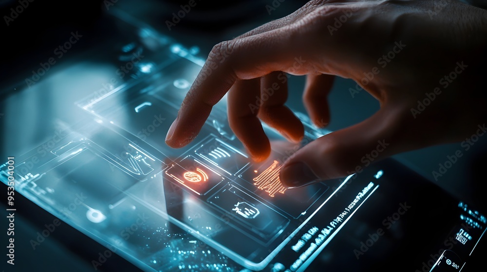 Poster fingers touching clear futuristic touchscreen interface with illuminated icons