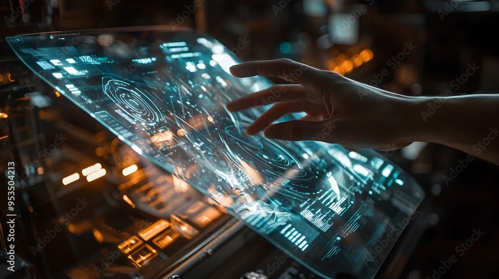 Poster hand interacting with transparent flexible plastic screen displaying digital data