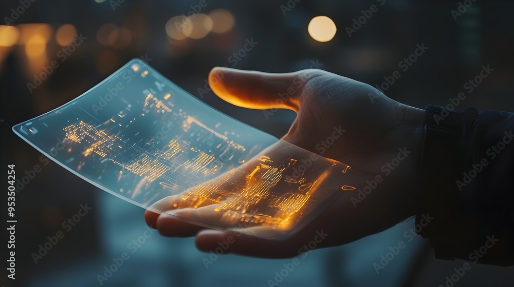 Poster hand interacting with transparent flexible plastic screen displaying digital data