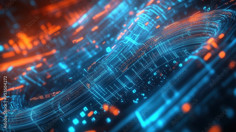 Fototapete futuristic technology background with glowing digital elements and circuit board in blue and orange 