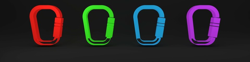 Obraz premium Colorful Carabiner icon isolated on black background. Extreme sport. Sport equipment. Minimalism concept. 3D render illustration