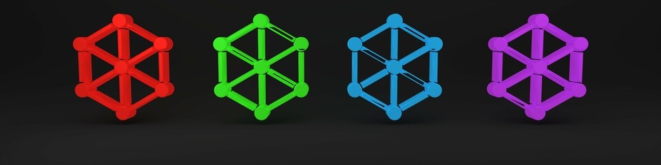 Colorful GMO icon isolated on black background. Genetically modified organism acronym. Dna food modification. Minimalism concept. 3D render illustration