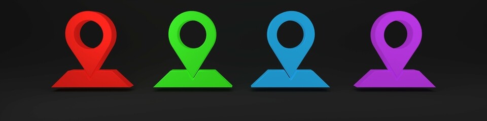 Colorful Map pin icon isolated on black background. Navigation, pointer, location, map, gps, direction, place concept. Minimalism concept. 3D render illustration