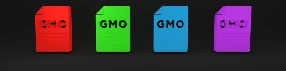Colorful GMO icon isolated on black background. Genetically modified organism acronym. Dna food modification. Minimalism concept. 3D render illustration